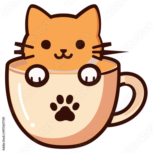 Kawaii Ginger Cat Peeking Out of Coffee Cup, Cute Kitten in Latte Mug Vector. Adorable vector illustration of a tiny ginger kitten peeking out from a cream-colored coffee mug. 
