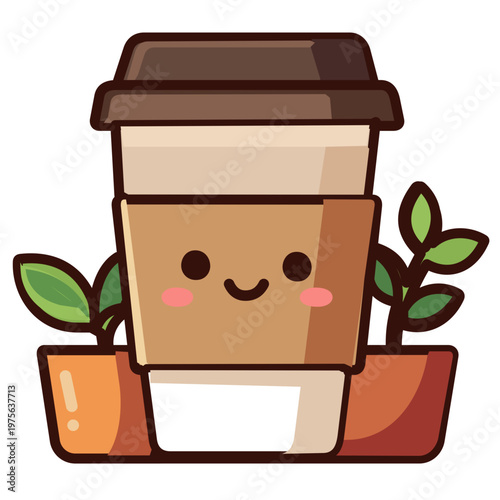 Eco Friendly Coffee Cup Character with Green Sprout Plants, Sustainability Concept.  Sustainable coffee concept vector featuring a cute to-go paper cup character with a smiling face, flanked by fresh 