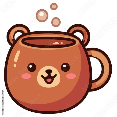 Cute Bear Face Coffee Mug Vector, Kawaii Animal Shaped Cup with Hot Drink. Charming vector illustration of a coffee mug shaped like a brown bear's head. Featuring a sweet smiling face, ears, 
