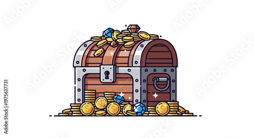 A cartoon treasure chest overflows with gold coins and sparkling blue gems