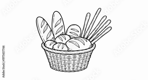 A black and white sketch of a woven basket overflowing with various types of bread