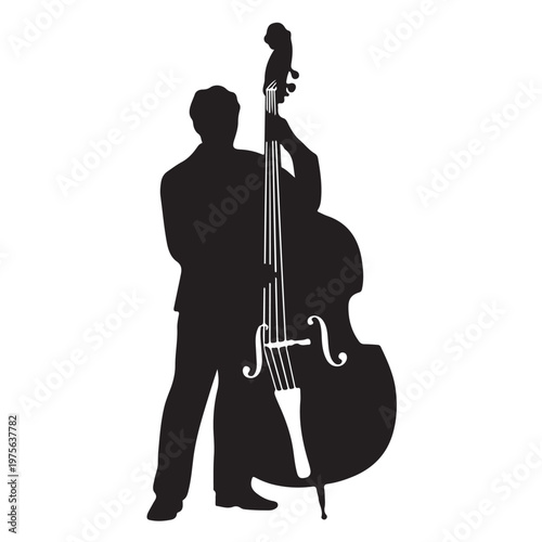Musician with upright bass instrument isolated on white background