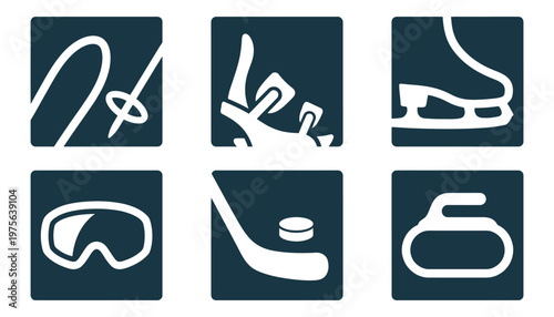 Set of minimalist white winter sports equipment symbols on squares