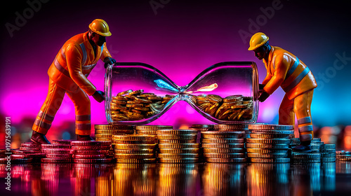 Time Management with Money Hourglass on Coin Stacks for Investment Strategy Concept