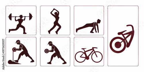 Line drawings of various exercise and sports activities in simple style