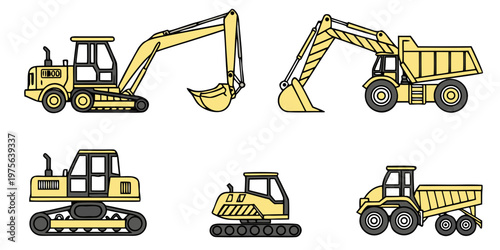 Collection of vintage toy tractors and construction vehicles in vibrant colors