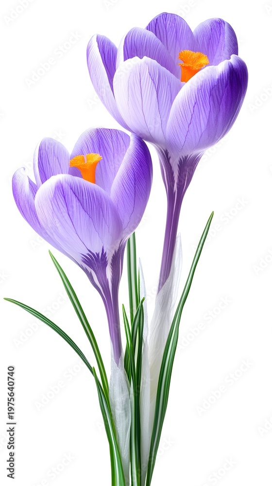 Fototapeta premium Two Purple Crocus Flowers with Green Stems violet white