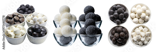Set of Four Bowls of White and black Sweets isolated on a transparent background