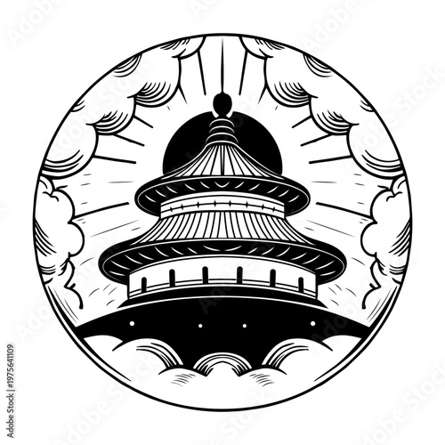 A glyph style illustration showing chinese temple