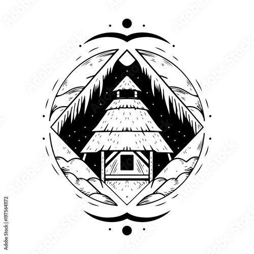 A drawing style illustration representing thatched hut