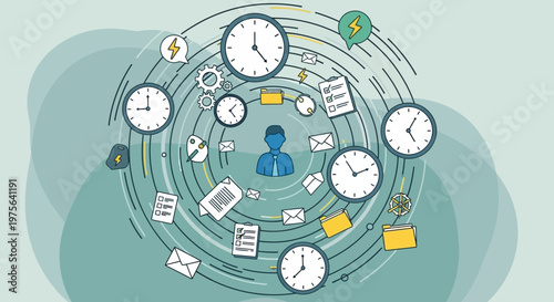 Businessman surrounded by clock faces.