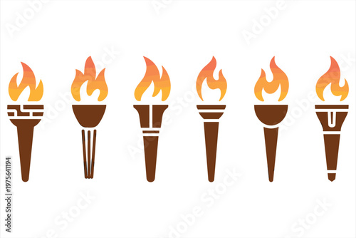 Six flat of burning torches with orange and yellow flames