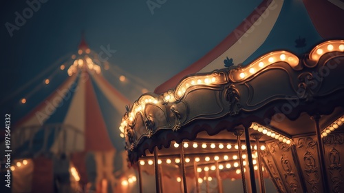 Carousel with glowing light bulbs at night. Vintage merry go round at amusement park. Fairground atmosphere with carnival tent in background. Entertainment and leisure time concept.