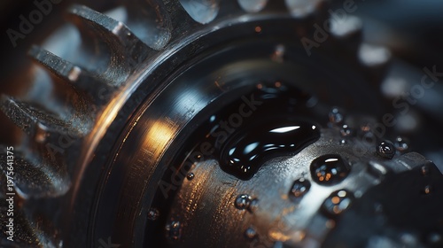Close up of metal gear with dark motor oil drops. Mechanical machinery component for automotive engine lubrication. Heavy industry metalwork and industrial engineering equipment detail.