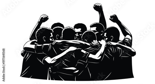A group of athletes celebrate victory with a team huddle and raised fists