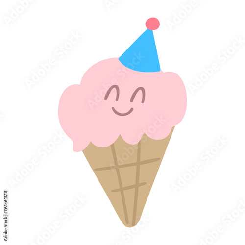 Cute Ice Cream Character with Party Hat. Flat Vector Illustration On White Background.