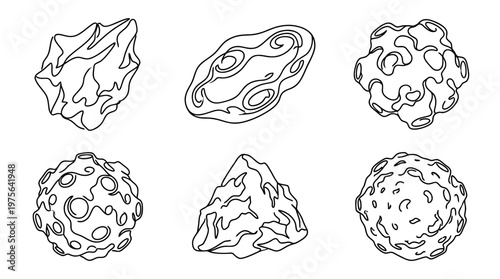 asteroid , six black Continuous Line Art (Single Line) vector set collection , white background , PNG and SVG