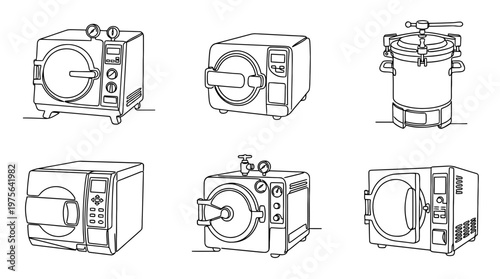 autoclave , six black Continuous Line Art (Single Line) vector set collection , white background , PNG and SVG