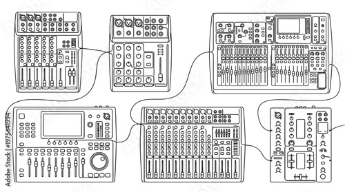 audio mixer , six black Continuous Line Art (Single Line) vector set collection , white background , PNG and SVG