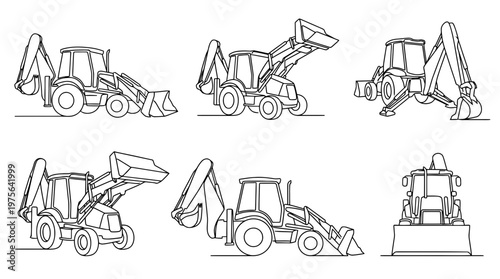 backhoe , six black Continuous Line Art (Single Line) vector set collection , white background , PNG and SVG