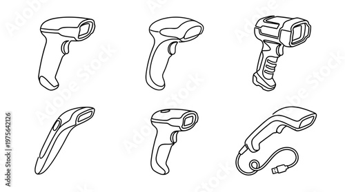 barcode scanner , six black Continuous Line Art (Single Line) vector set collection , white background , PNG and SVG