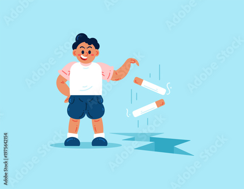The concept of children being safe from cigarettes. Anti-smoking. Protecting children from cigarette smoke. Illustration of a boy throwing a cigarette into a crack or hole. Metaphor, element, flat