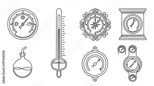 barometer , six black Continuous Line Art (Single Line) vector set collection , white background , PNG and SVG