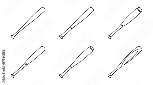baseball bat , six black Continuous Line Art (Single Line) vector set collection , white background , PNG and SVG