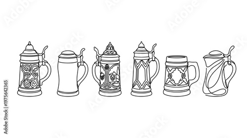 beer stein , six black Continuous Line Art (Single Line) vector set collection , white background , PNG and SVG