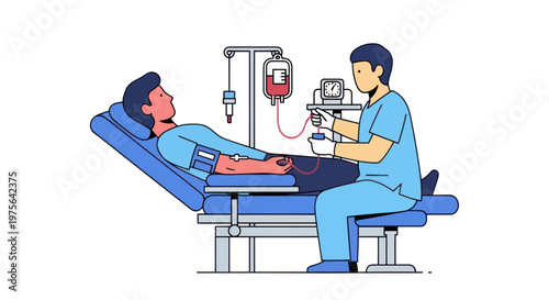 Man lying on hospital bed receiving blood transfusion from doctor