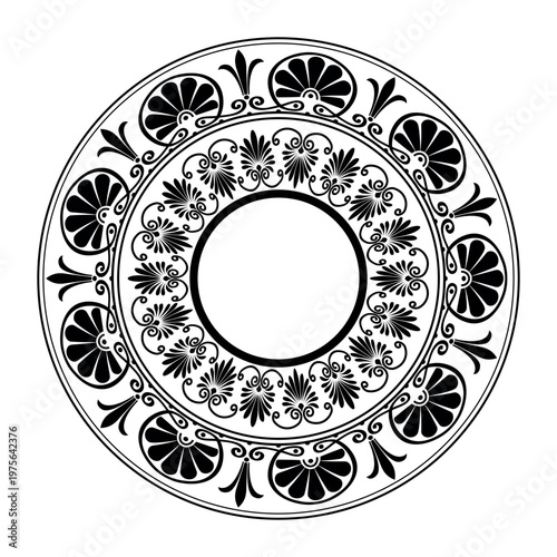 Black round frame, Greek key floral meander. Circular frame Greek palmette ornament. Classic antique border for luxury label, textile, engraving, embroidery, porcelain, Mediterranean ceramic, plate