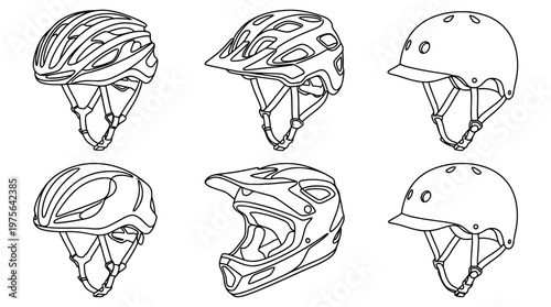bicycle helmet , six black Continuous Line Art (Single Line) vector set collection , white background , PNG and SVG
