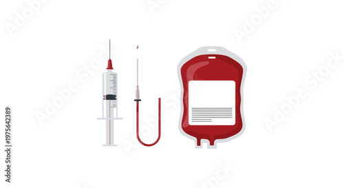 Blood donation equipment with syringe needle and bag on white background for medical concept