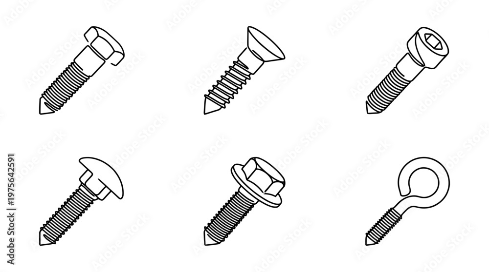 Fototapeta premium bolt , six black Continuous Line Art (Single Line) vector set collection , white background , PNG and SVG