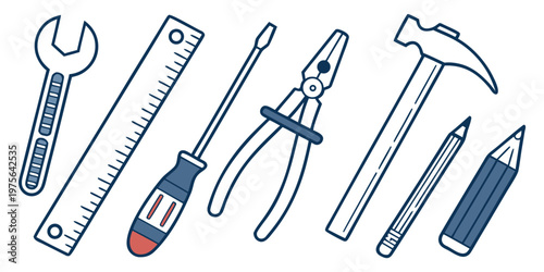 A collection of basic hand tools in a simple layout