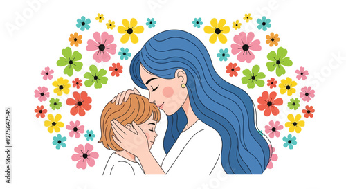 A loving mother and child share a tender moment surrounded by flowers