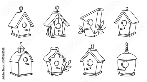 birdhouse , six black Continuous Line Art (Single Line) vector set collection , white background , PNG and SVG