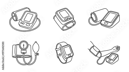 blood pressure monitor si 2719968204 , six black Continuous Line Art (Single Line) vector set collection , white background , PNG and SVG