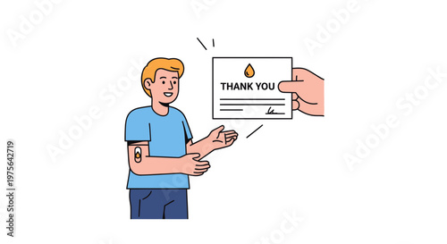 Man receiving blood donation thank you card with a bandaged arm