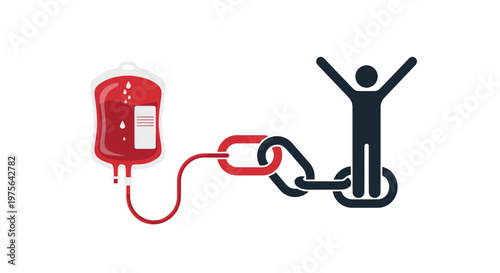 Person chained to blood donation bag with red tube and black chain link