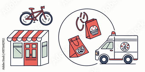 Colorful illustration of holiday delivery trucks and bicycles