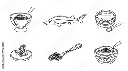 caviar , six black Continuous Line Art (Single Line) vector set collection , white background , PNG and SVG