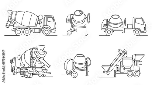 cement mixer , six black Continuous Line Art (Single Line) vector set collection , white background , PNG and SVG
