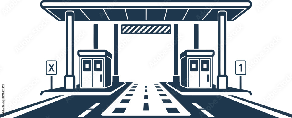 Naklejka premium Streamlined, toll plaza design illustration for transportation and infrastructure projects, modern highway checkpoint with automated lanes, easy digital payments, smart transit solutions and clean 