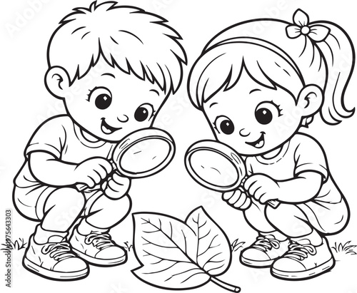 Unlock the world of discovery with this playful, black-and-white coloring page featuring curious children investigating a leaf with magnifying glasses! Perfect for preschool and kindergarten education