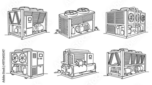 chiller , six black Continuous Line Art (Single Line) vector set collection , white background , PNG and SVG