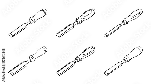 chisel , six black Continuous Line Art (Single Line) vector set collection , white background , PNG and SVG