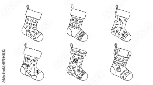 christmas stocking , six black Continuous Line Art (Single Line) vector set collection , white background , PNG and SVG