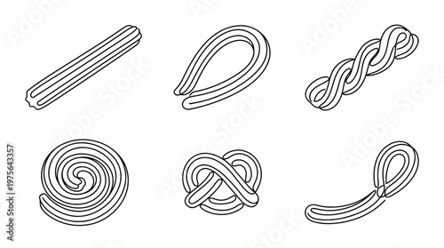 churro , six black Continuous Line Art (Single Line) vector set collection , white background , PNG and SVG