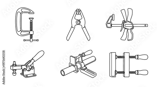 clamp , six black Continuous Line Art (Single Line) vector set collection , white background , PNG and SVG